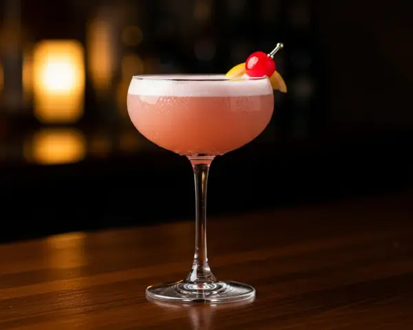 En vackert skummande rosa drink, en Pink Lady, med en körsbärs- och citrondekoration, står på en träbar.