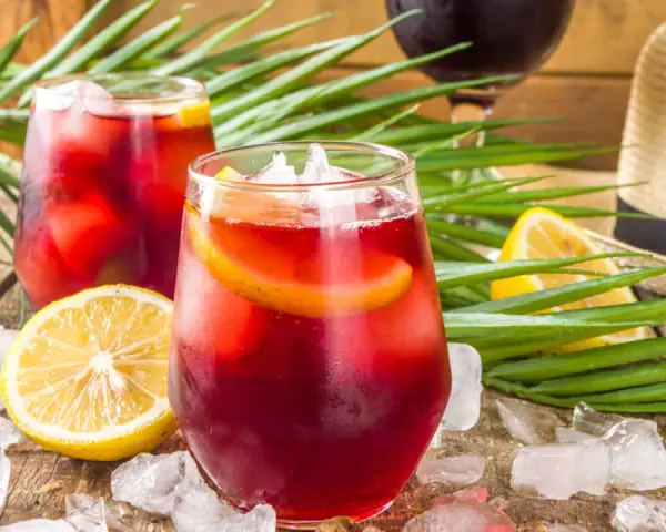 Två glas med tinto de verano, is och citronskivor, omgivna av palmblad och en sommarhatt. Perfekt för en varm dag.