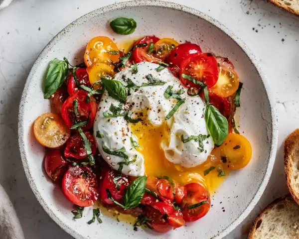En krämig burrata med färgglada tomater och färsk basilika, en perfekt sommarrätt.