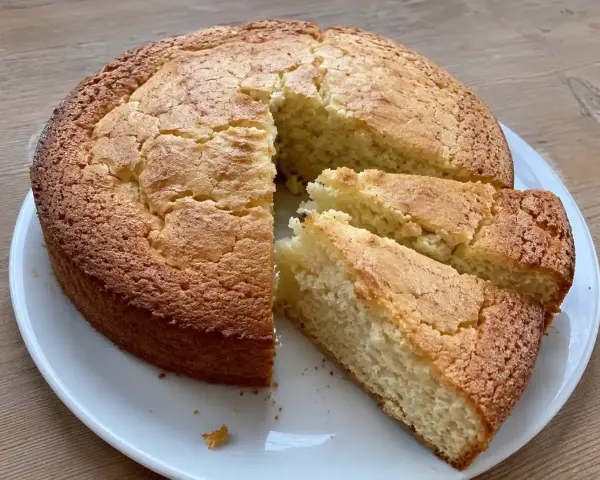 Enkel sockerkaka på en vit tallrik, gyllene och fluffig med några skivor upplagda. Perfekt för fikat.