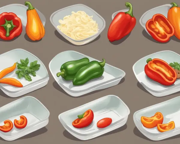 Förberedelser för att frysa paprika: hela och halverade paprikor i olika färger, samt lite strimlad ost och persilja.