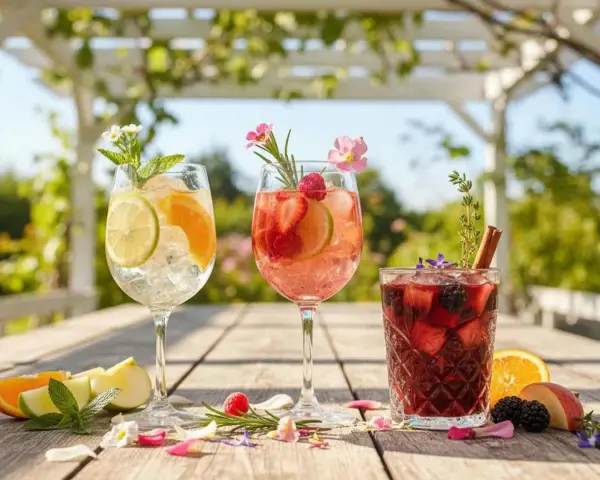 Tre färgglada sangrior med frukt och mynta på ett träbord utomhus. Perfekt för ett enkelt sangria recept.