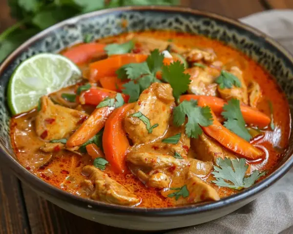 En skål med kyckling i en krämig, kryddig röd curry med morötter och färsk koriander. En limeklyfta ligger på kanten.