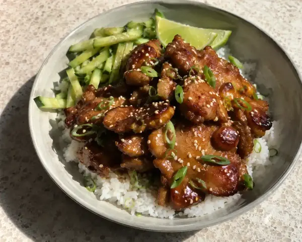 En skål med saftig kyckling och ris, toppad med sesamfrön och salladslök. Serveras med strimlad gurka och en limeklyfta.
