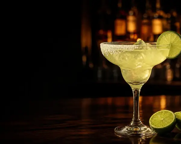 En svalkande tequila drink med saltkantad glas och lime, redo att avnjutas i baren.