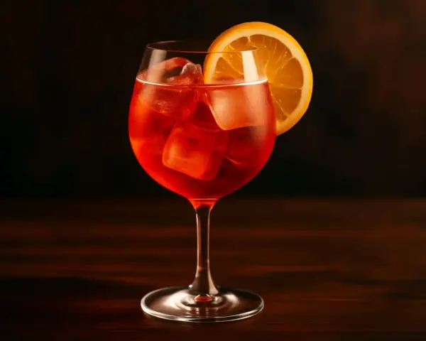 Ett glas Campari Spritz med is och apelsinskiva, perfekt för en solig eftermiddag.