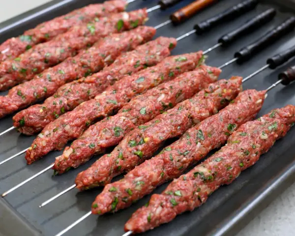 Råa adana kebab-spett med lök och persilja på en plåt, redo för grillen.