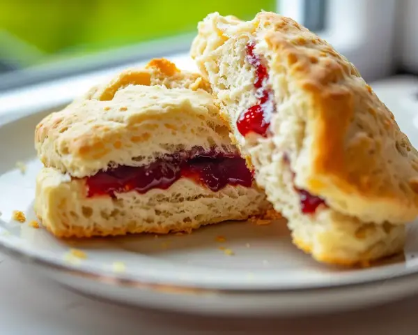 Två fluffiga glutenfria scones med sylt på en vit tallrik. Perfekt för fikat!