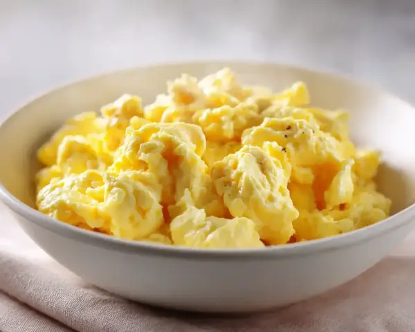 En skål med fluffiga, gyllene äggröror, perfekt för ett enkelt scrambled eggs recept.
