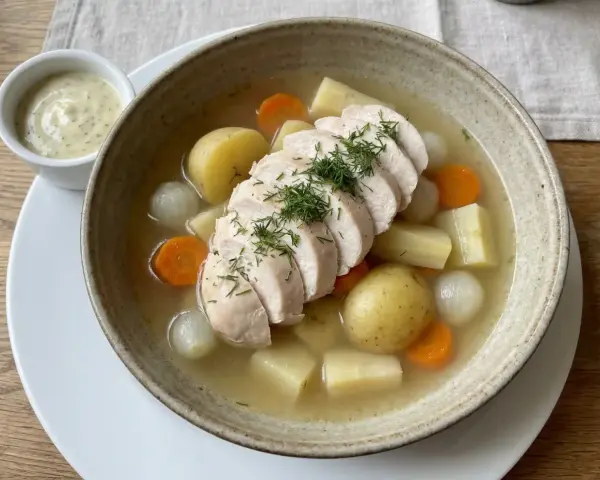 Varm kycklingsoppa med potatis, morötter och lök. Perfekt innertemp kyckling, toppad med dill. Serveras med en krämig sås.