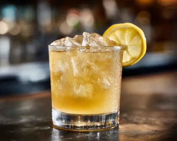 Ett glas med is och en citronskiva, en klassisk whiskey sour som väntar.