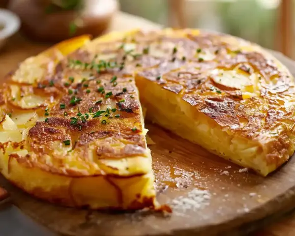 En gyllene spansk omelett med potatis och lök, toppad med färska örter, skuren och redo att serveras.