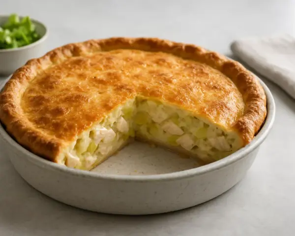En gyllene kycklingpaj med en bit borttagen, som visar saftig kyckling och potatis. Ett perfekt kycklingpaj recept för middagen.