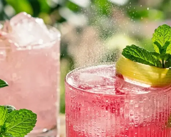 Två glas med rosa rabarbersaft utan att koka, is och mynta. Sprudlande och uppfriskande drycker för en varm sommardag.