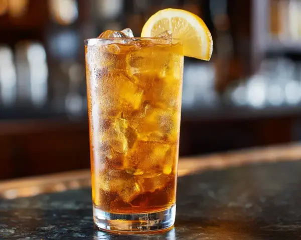 Ett glas med is och en citronskiva, en klassisk Long Island Iced Tea.