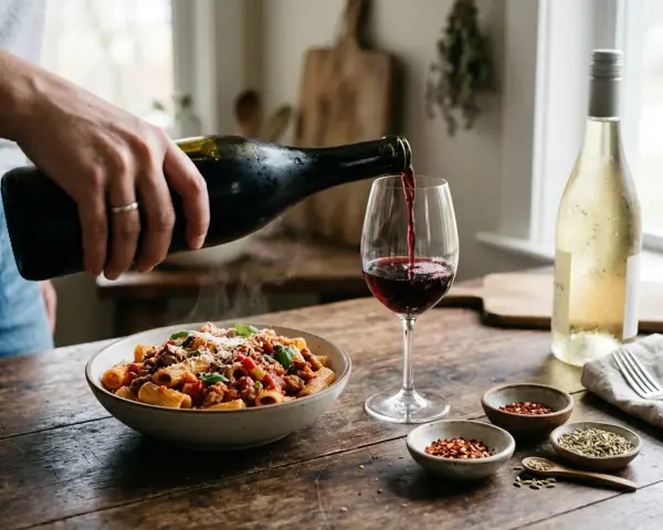 Rödvinet hälls upp i ett glas bredvid en skål med rykande salsicciapasta. Perfekt vin till salsiccia pasta.