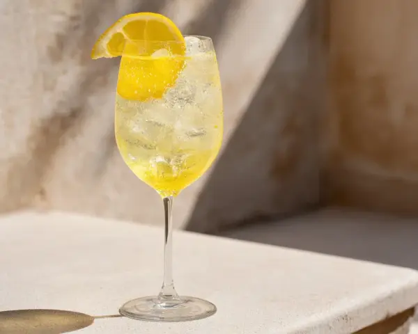 Ett glas med is och en citronskiva, fyllt med en bubblig limoncello spritz.