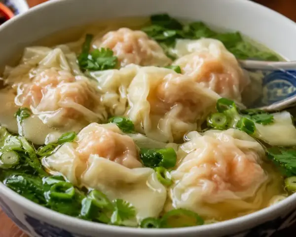 En skål med ångande dumplings i buljong, garnerad med färska örter och salladslök. En perfekt och värmande måltid.