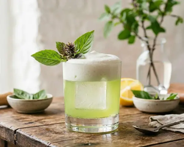 En uppfriskande thai basil drink med skummig topp, garnerad med färska basilikablad. En perfekt sommardrink.
