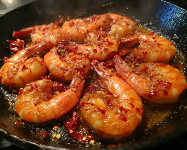 Friterade räkor i en stekpanna med chili och vitlök. De ser saftiga och smakrika ut.