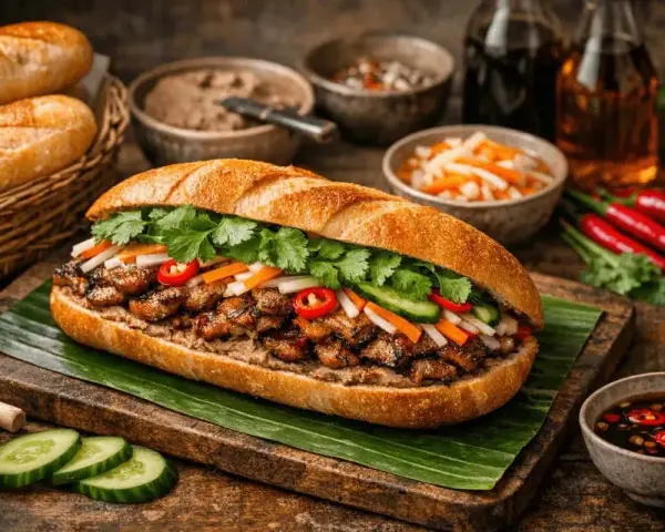 En saftig banh mi med grillat kött, färska grönsaker och örter. Perfekt för ett snabbt och smakrikt banh mi recept.