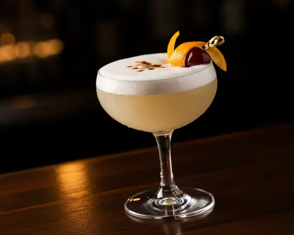 En perfekt vodka sour med fluffigt skum, garnerad med apelsinskal och körsbär.