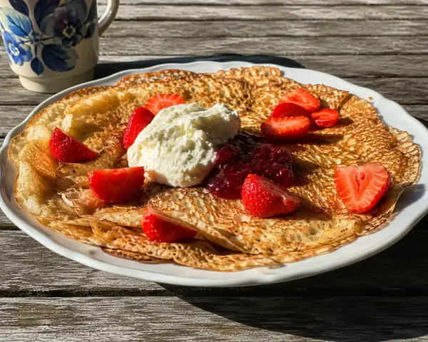 En stor pannkaka med vispad grädde, jordgubbar och sylt. Perfekt för ett enkelt pannkakor recept.