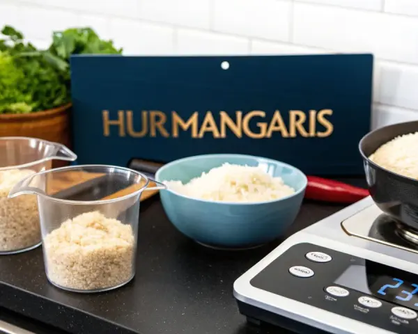 Mät upp ris för att veta hur mycket ris per portion. En digital våg visar 235.