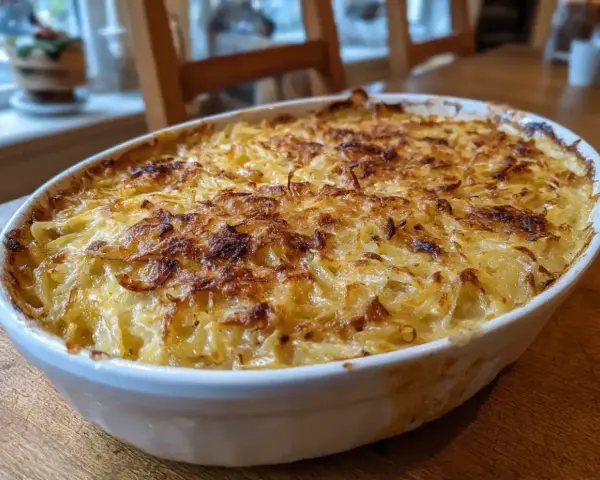 En gyllene Janssons frestelse i en vit ugnsform, redo att serveras. Ett klassiskt recept som doftar jul.
