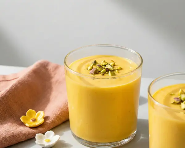Två glas med krämig indisk yoghurtdryck, toppad med hackade pistagenötter. En rosa servett och små blomformade dekorationer ligger bredvid.