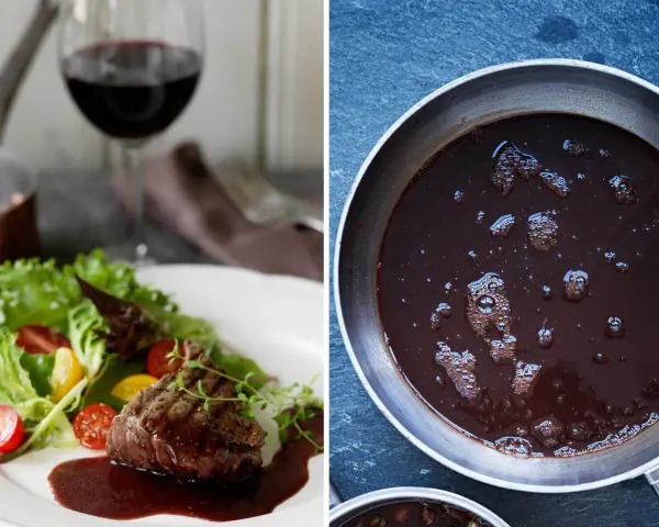 En saftig biff med rödvinssås och sallad. En annan panna visar en mörk sås som bubblar. Tänk om man kunde njuta av vin i maten när man är gravid!