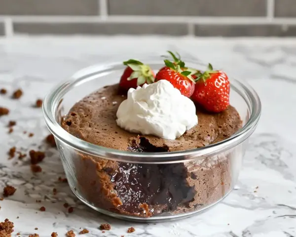 En kladdkaka i micro, perfekt för en snabb fikastund. Toppad med vispgrädde och färska jordgubbar.