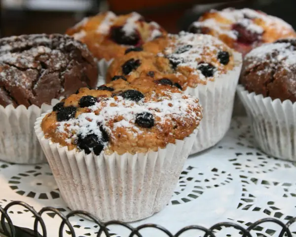 Fluffiga muffins med blåbär och choklad, pudrade med florsocker. Perfekt för ett enkelt muffins recept.