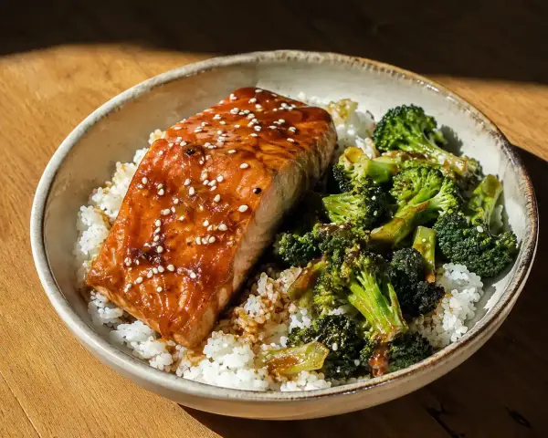 En skål med ris, saftig lax teriyaki toppad med sesamfrön och ångad broccoli.