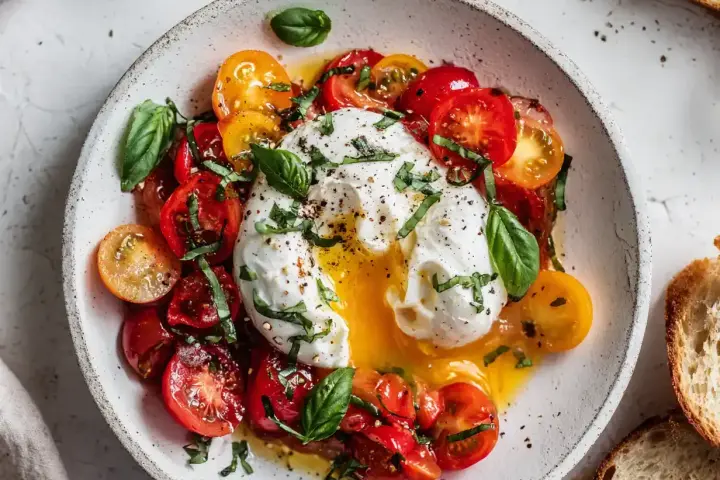 En krämig burrata med färgglada tomater och färsk basilika, en perfekt sommarrätt.