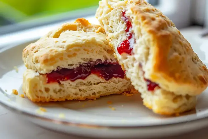 Två fluffiga glutenfria scones med sylt på en vit tallrik. Perfekt för fikat!