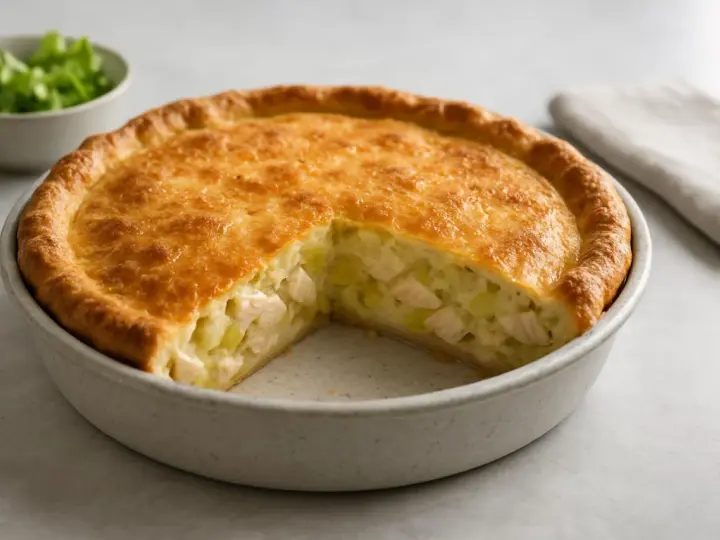 En gyllene kycklingpaj med en bit borttagen, som visar saftig kyckling och potatis. Ett perfekt kycklingpaj recept för middagen.