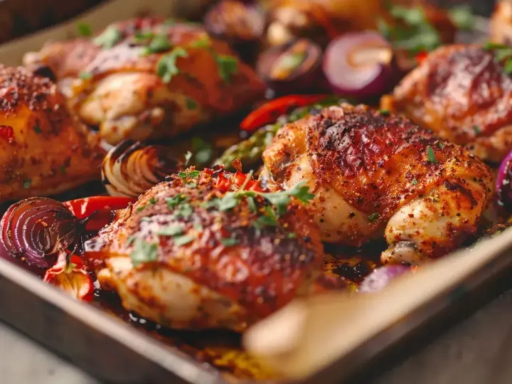 Ugnsbakad kyckling med krispigt skinn, kryddad med örter och serverad med rostade rödlökar och paprika. En härlig rätt att krydda kyckling med!
