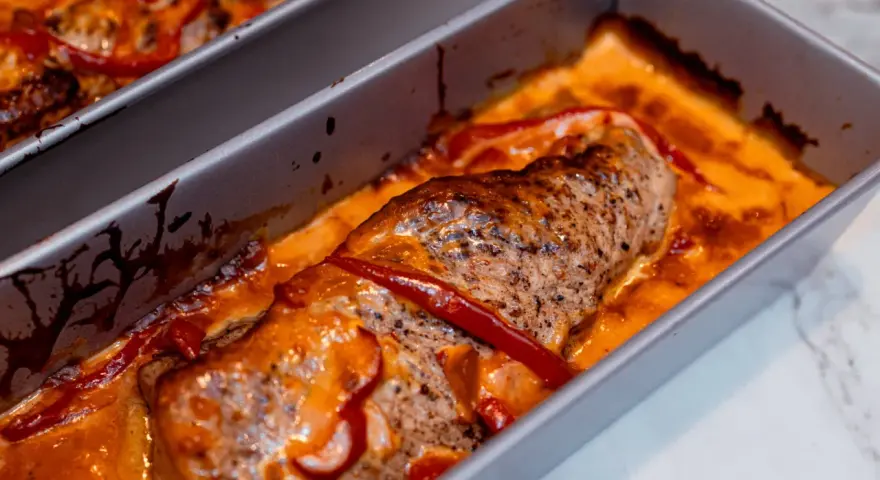 Saftig ytterfile i sockerkaksform, bakad med paprika i en krämig sås.