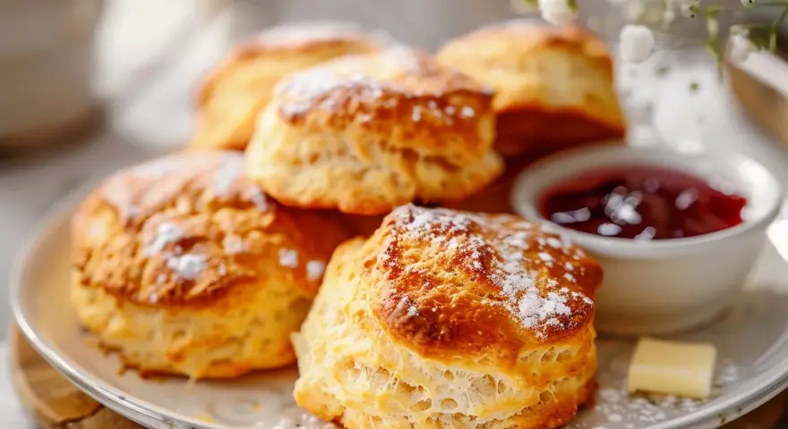 Nybakade scones med sylt och smör. Perfekt att baka enkelt till fikat.