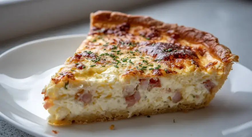 En bit ost och skinkpaj med gyllene skorpa och krämig fyllning, perfekt för ett enkelt recept.