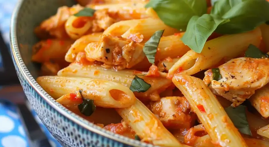 En skål med penne pasta med kyckling i en kryddig tomatsås med sambal oelek, toppad med färsk basilika.