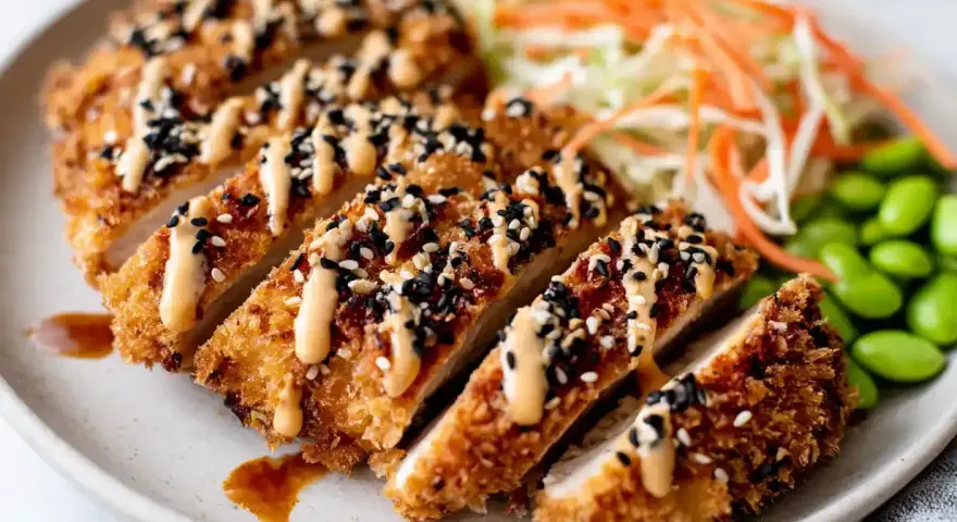 Krispigt kyckling katsu recept med sesamfrön, strimlad kål, morötter och edamamebönor.