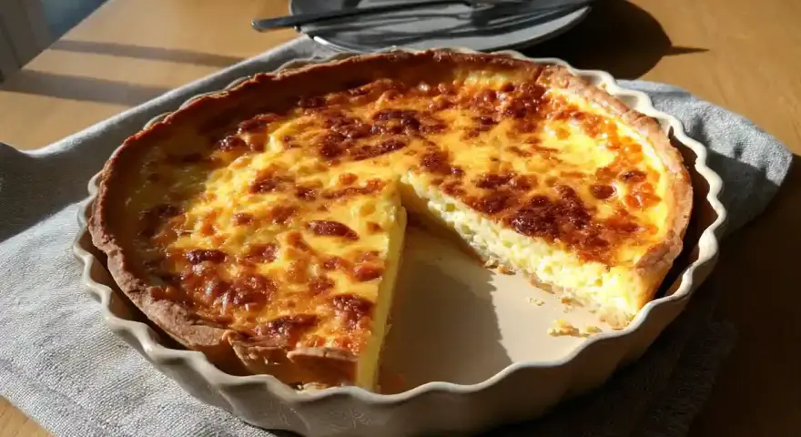 En gyllene ostpaj med en skiva borttagen, perfekt för ett enkelt ostpaj recept.