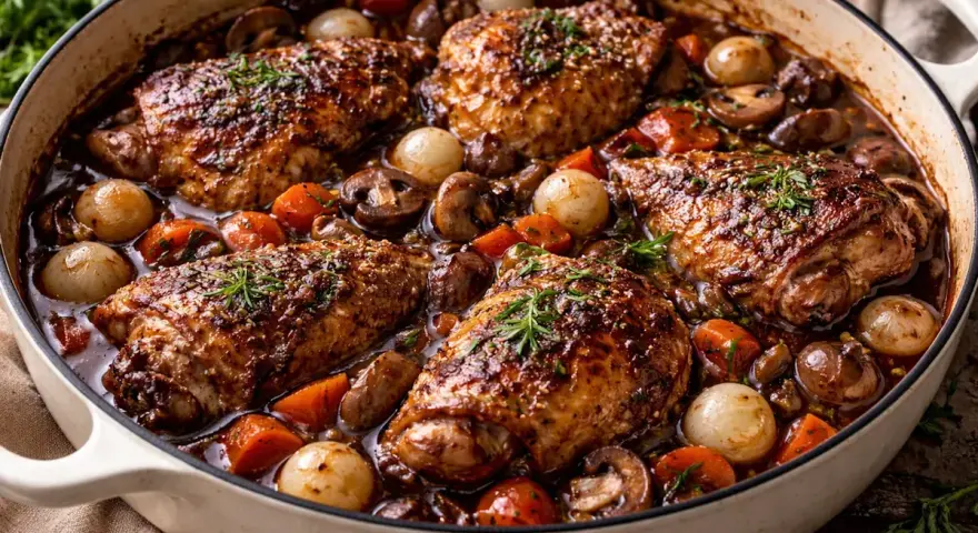 En mustig gryta med kycklinglår, champinjoner, små lökar och morötter i en mörk sås. En klassisk coq au vin som ser otroligt god ut.