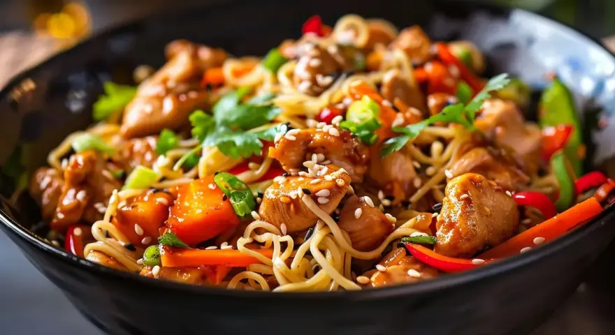 En läcker kycklingwok med nudlar och grönsaker, toppad med sesamfrön och färsk koriander. En perfekt måltid för en snabb och smakrik middag.