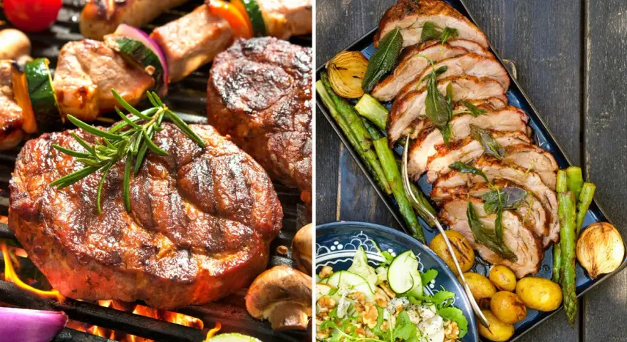 Grillad kotlett med perfekt temperatur, serverad med rostade grönsaker och en fräsch sallad.