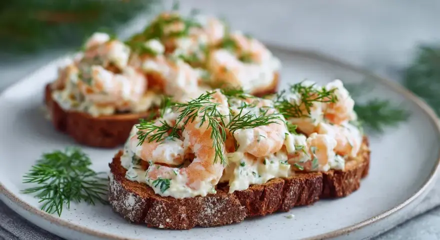 Två läckra skagen toast med räkor och dill på mörkt bröd, serverade på en tallrik.