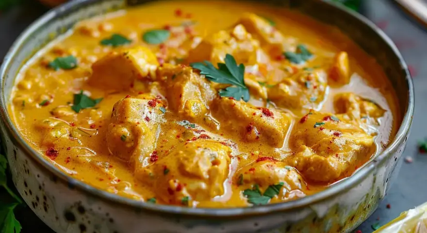 En krämig kyckling curry i en skål, garnerad med färsk persilja och en citronklyfta.
