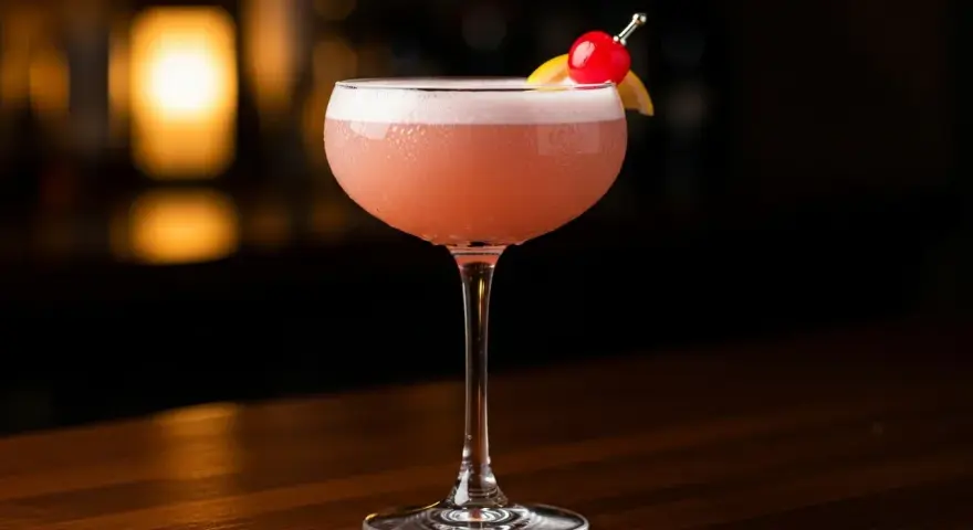 En vackert skummande rosa drink, en Pink Lady, med en körsbärs- och citrondekoration, står på en träbar.
